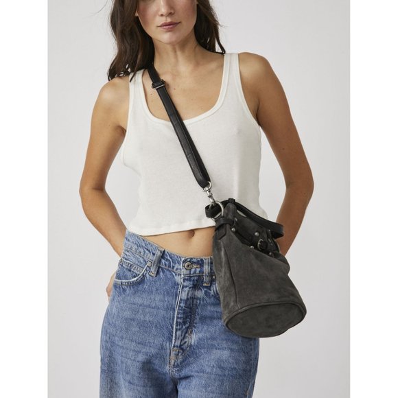FREE PEOPLE Soren Suede Bucket Bag / Soot Black - Picture 2 of 12